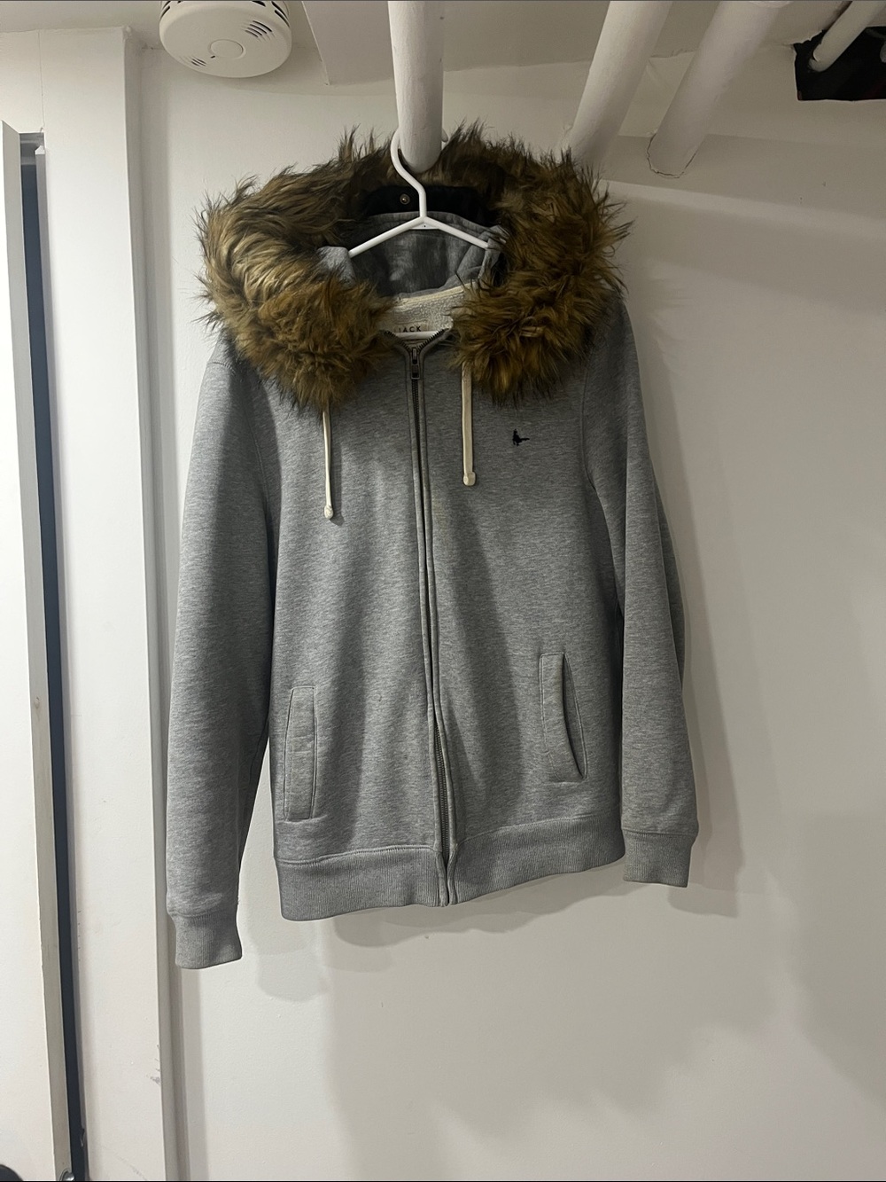 Women's Grey Zip-Up Hooded Jacket with Faux Fur Trim LARGE